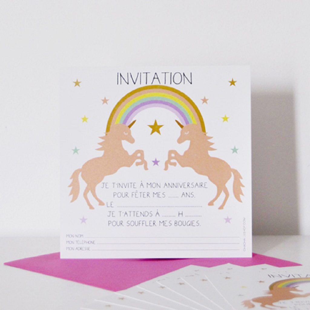 8 cartes d'invitation licorne - Anniversaire licorne