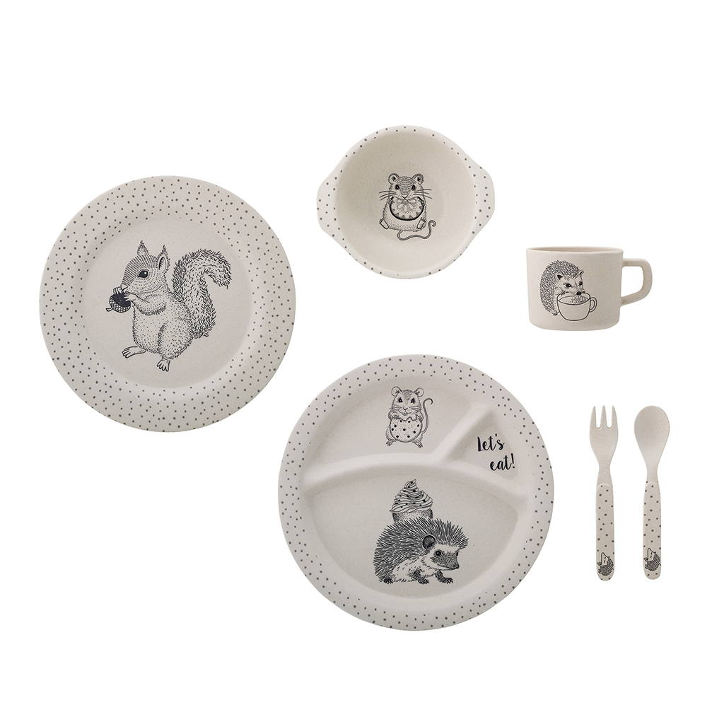 Coffret cadeau bébé, vaisselle en bambou illustrée par Zabeil, thème animaux  de la jungle - La Malle à Confettis
