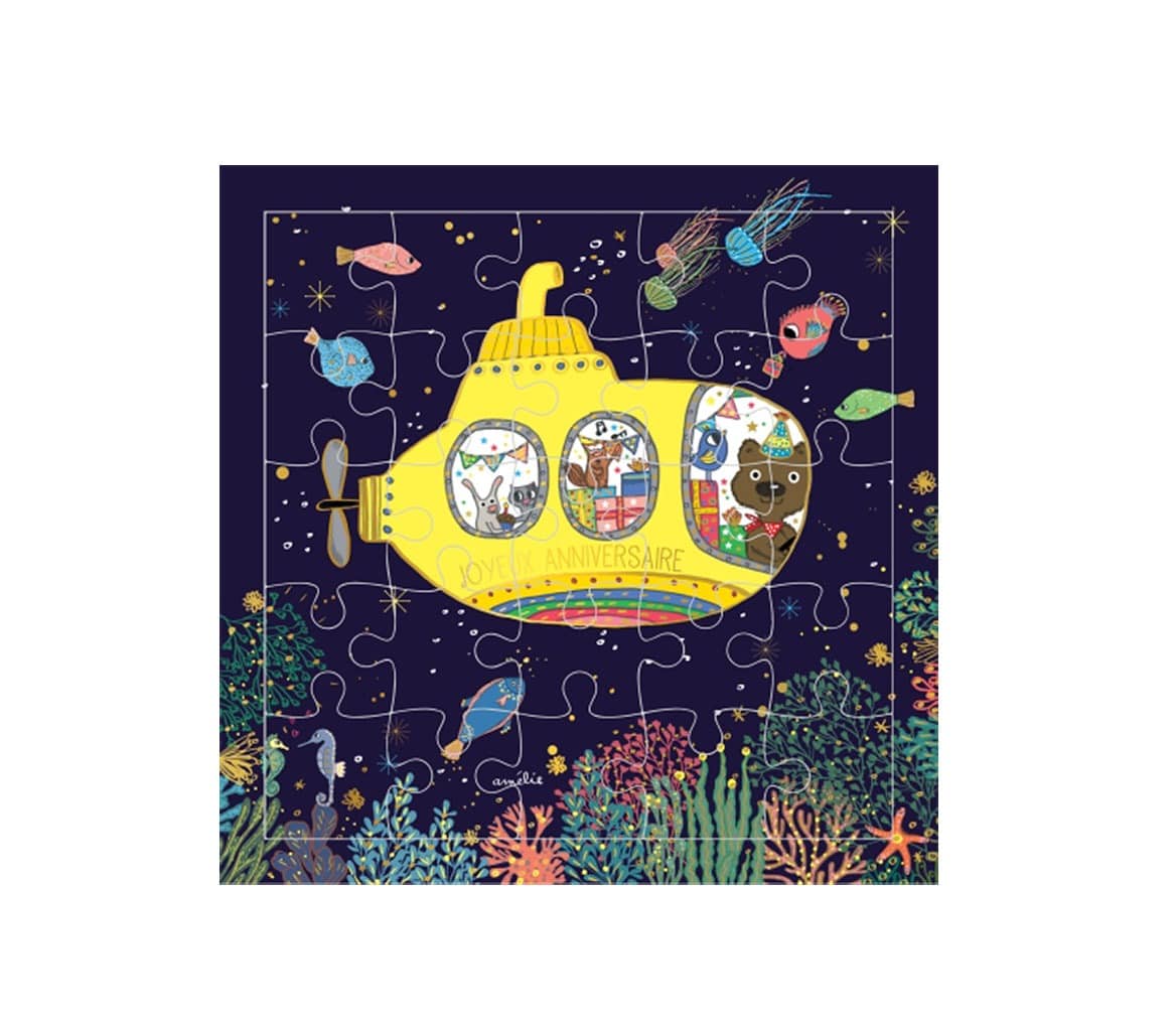 Carte Puzzle Joyeux Anniversaire Sous Marin Jaune Little Marmaille