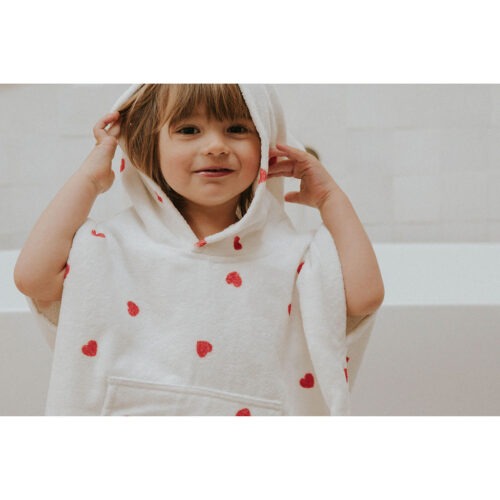 Poncho De Bain Enfant VERTBAUDET à Cœurs - Coton Recyclé, Capuche, Tailles 2-10 Ans
