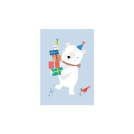 Une carte postale ours avec des cadeaux de noël