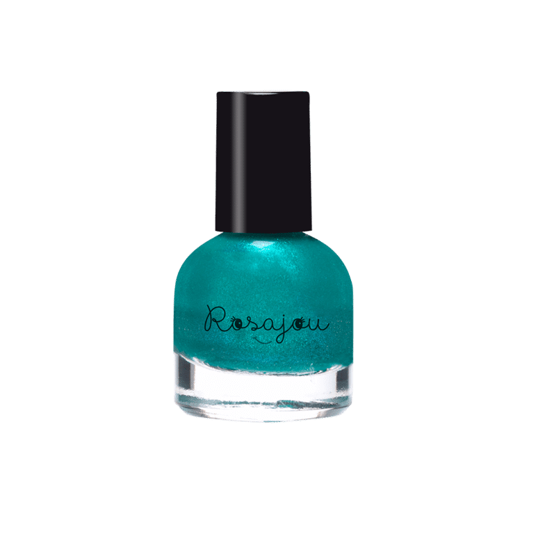 un vernis vert nacré "paon" Rosajou, vue de face sur fond blanc