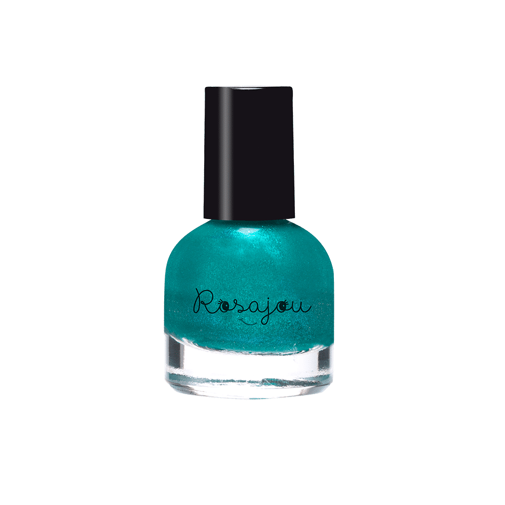 un vernis vert nacré "paon" Rosajou, vue de face sur fond blanc