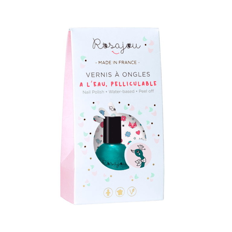 un vernis vert nacré "paon" Rosajou, vue de face sur fond blanc