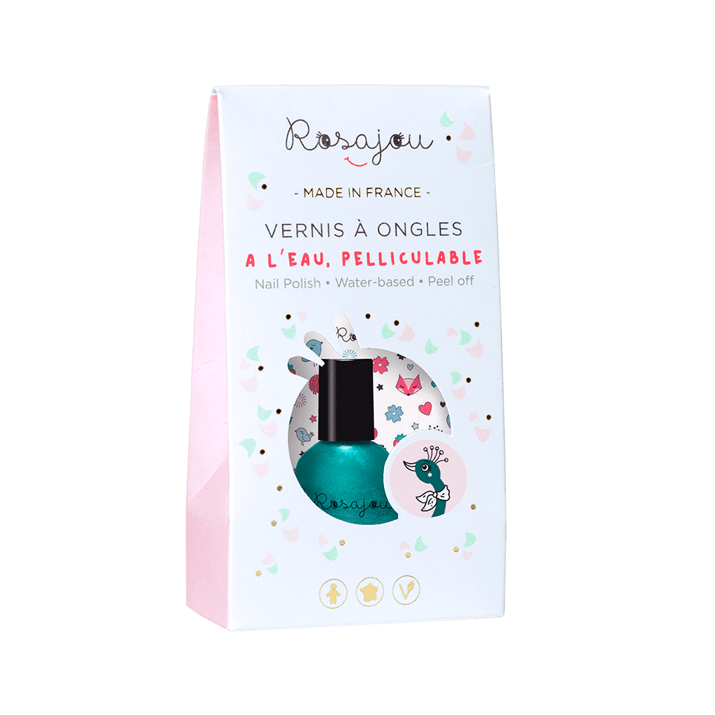 un vernis vert nacré "paon" Rosajou, vue de face sur fond blanc