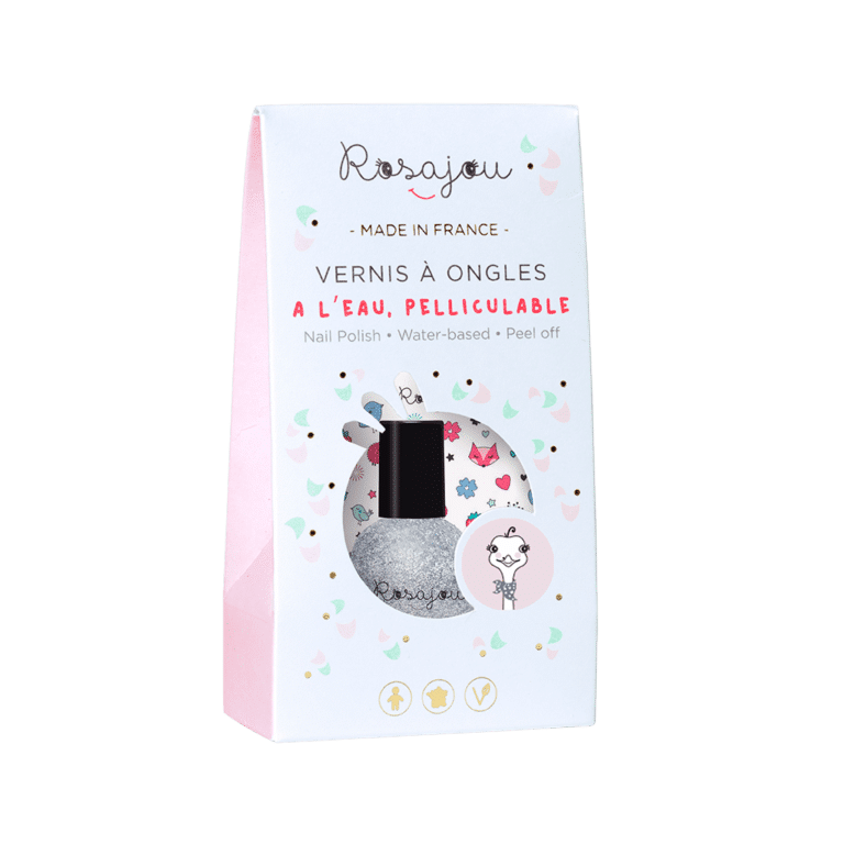 un vernis à ongles enfant argenté "star" Rosajou, vue de face sur fond blanc
