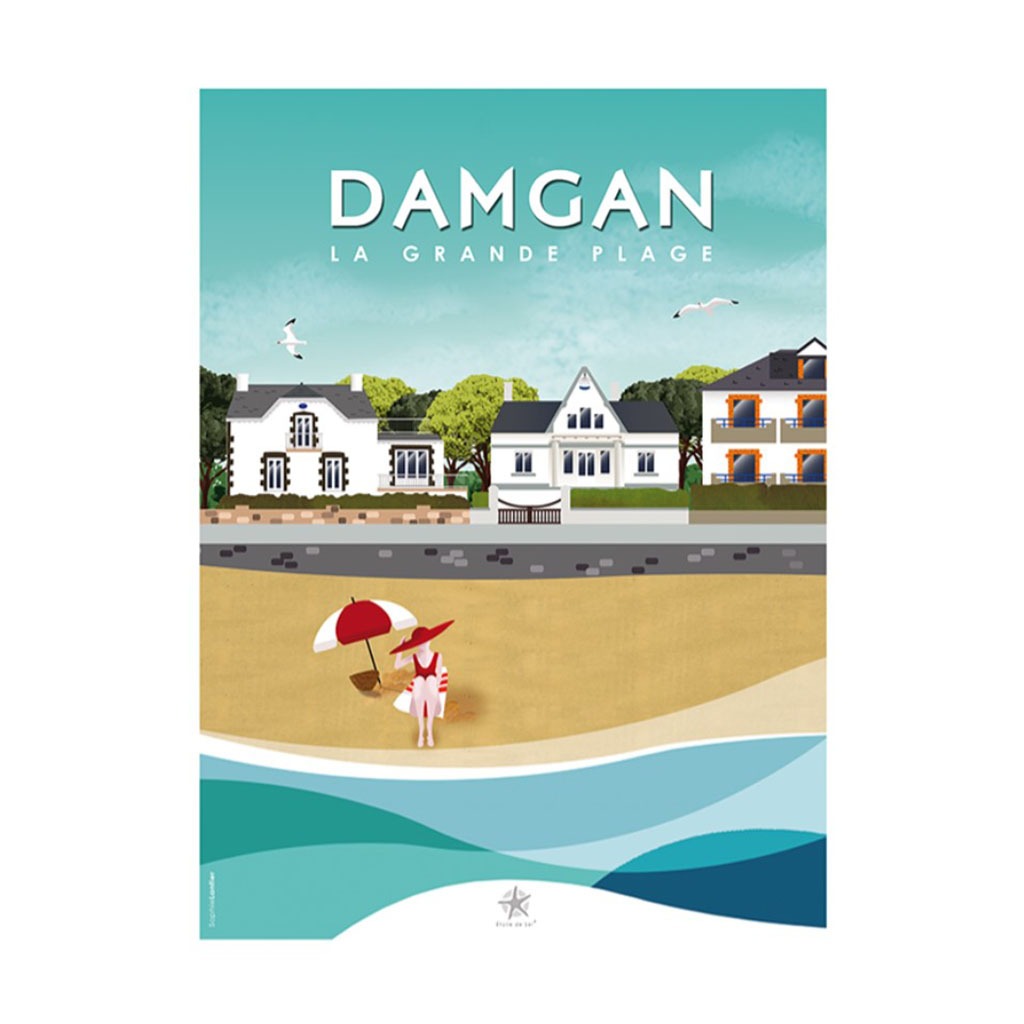 carte la grande plage de Damgan, vue de face sur fond blanc