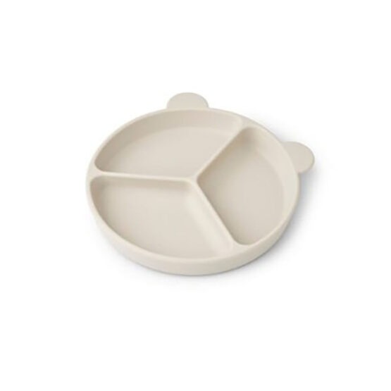une assiette en silicone avec compartiments couleur sable, de la marque Liewood