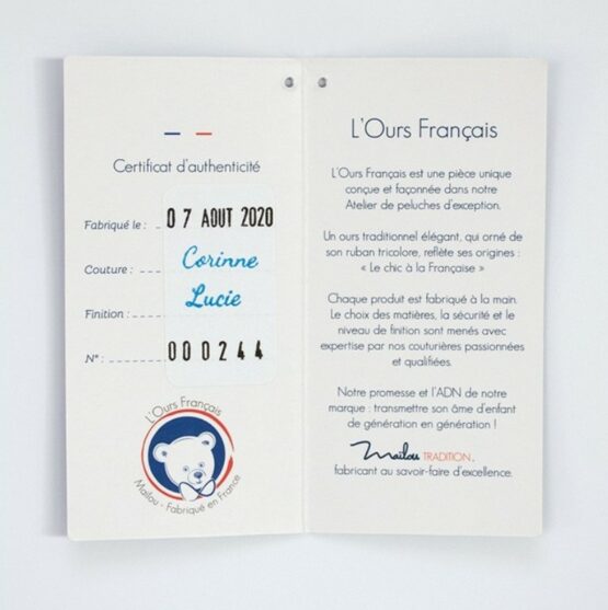 peluche ours français mailou certificat