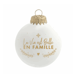 boule de noël la vie est belle en famille baubels sur fond blanc