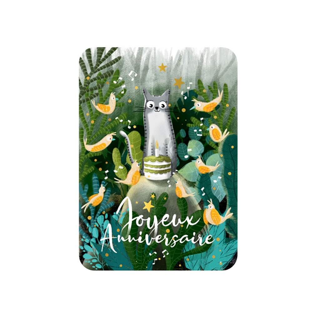 carte joyeux anniversaire le chat et ses oiseaux