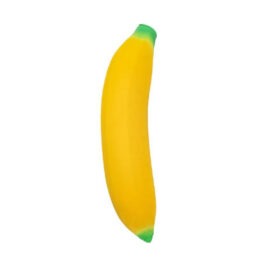 squishy banane antistress, vue de face sur fond blanc