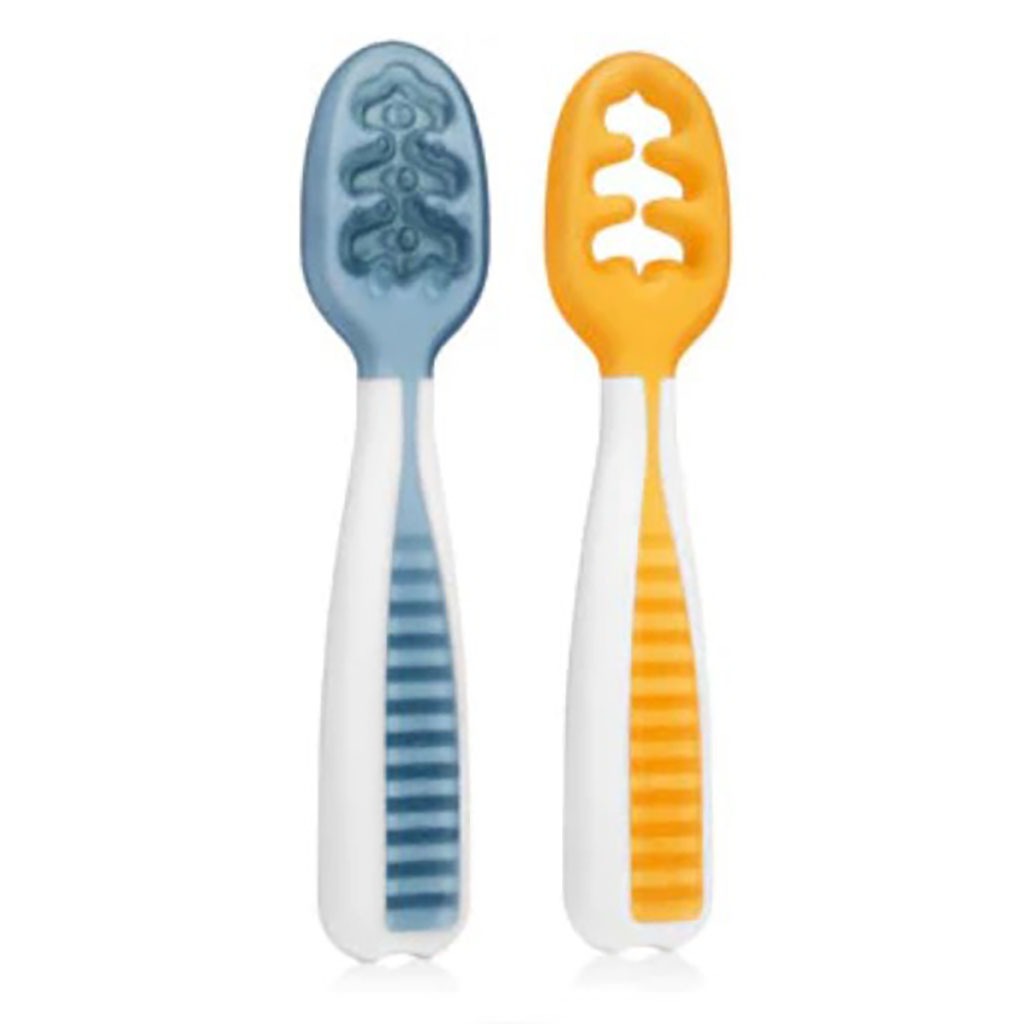 pre cuillere d'apprentissage bleu et jaune sur fond blanc