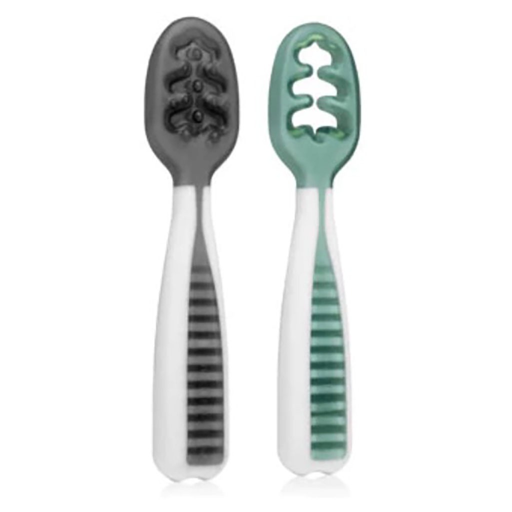 pre cuillere d'apprentissage gris et vert sur fond blanc