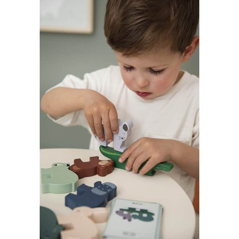 jeu d'empilage animaux en bois avec garçon