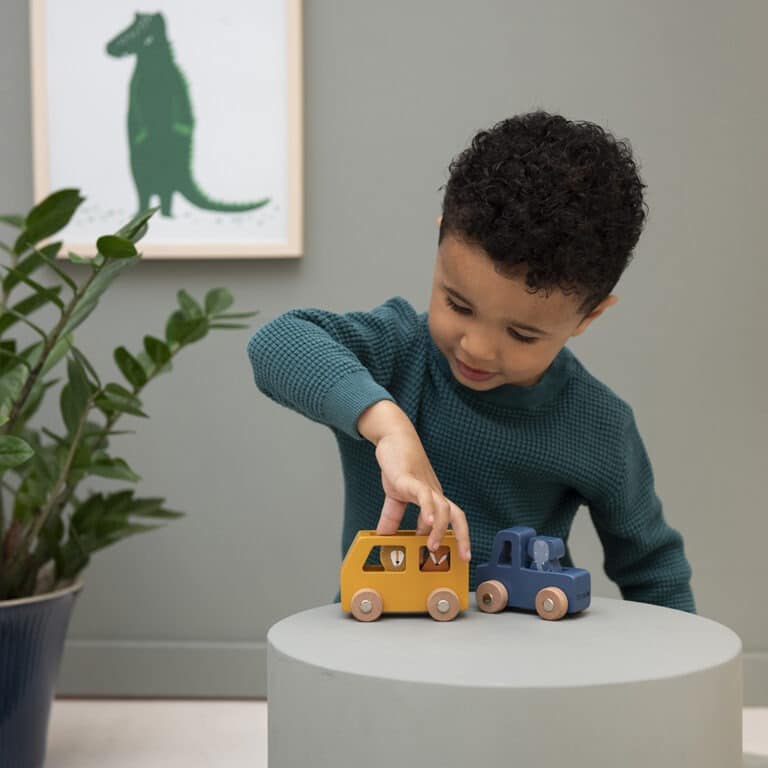 set de voitures en bois photo enfant qui joue
