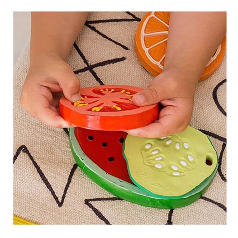 jouet de dentition Renato la tomate avec wally la pastèque