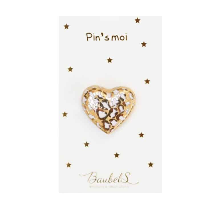 pin's cœur blanc et doré baubels vue de face sur fond blanc