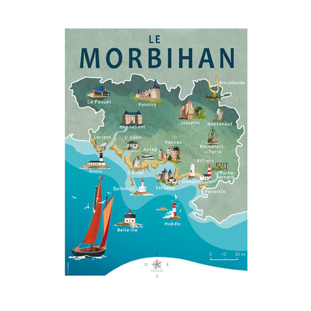carte du Morbihan, vue de face sur fond blanc