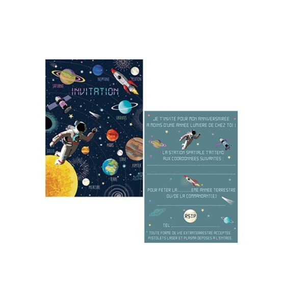 8 cartes d'invitations et 8 enveloppes sur le thème cosmonaute