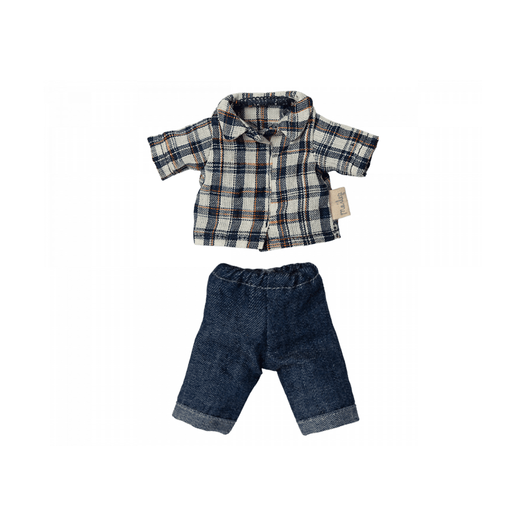Souris papa maileg avec chemise à carreaux et jean