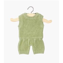 une barboteuse en tricot vert sauge, vue de face sur fond blanc