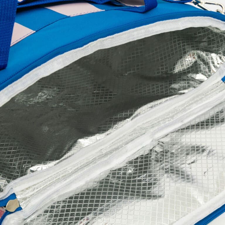 un sac glacière à rayures rose et bleu avec une bandoulière, vue de face sur fond blanc