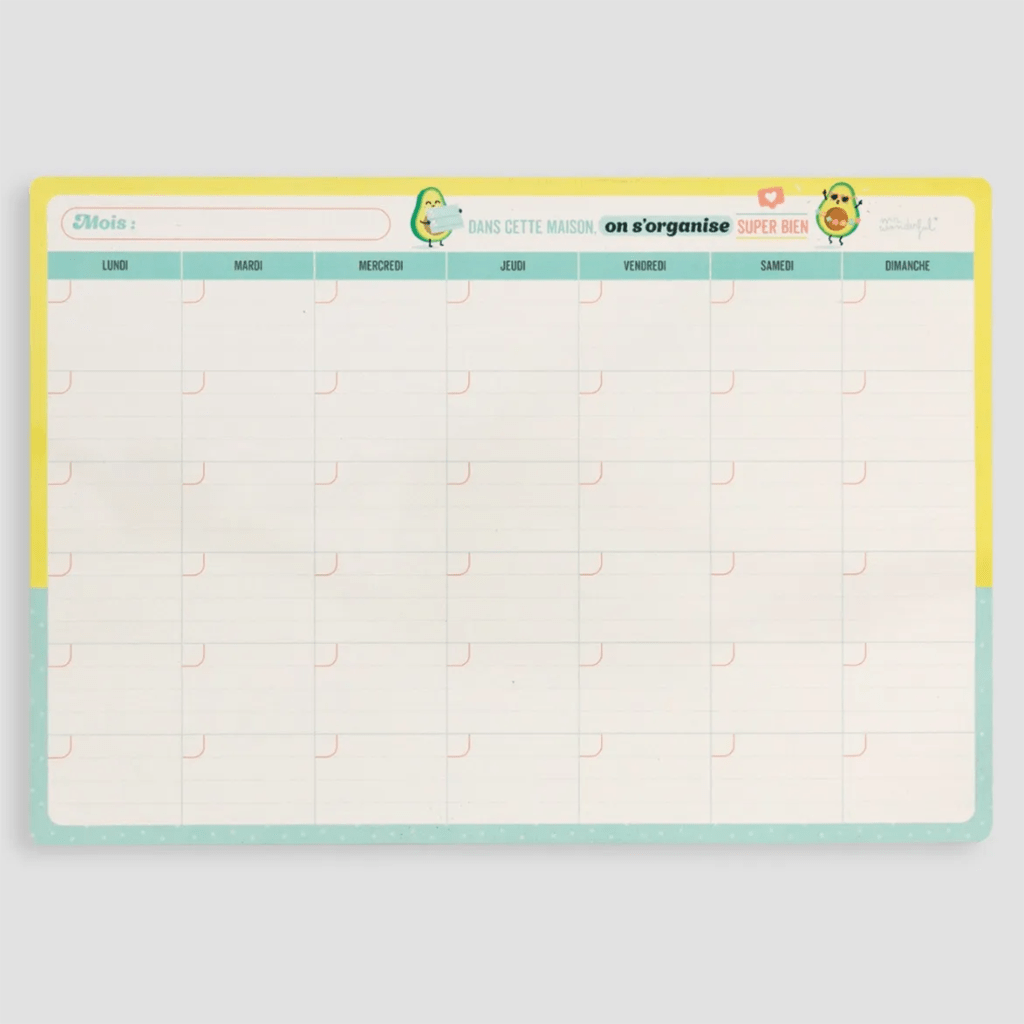 un tableau magnétique avec un planning mensuel, vue de face sur fond blanc