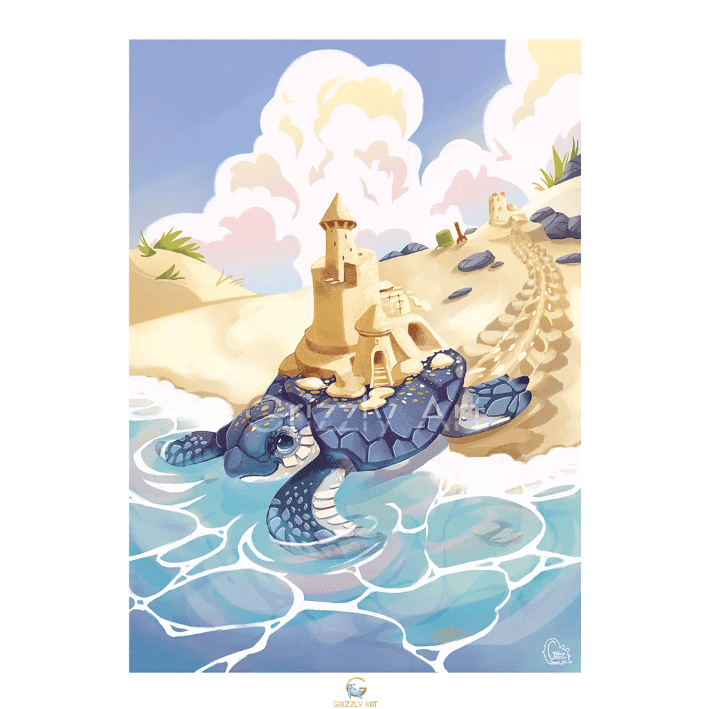 affiche tortue grizzly art sur fond blanc