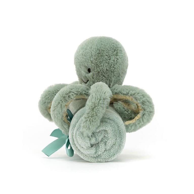 doudou plat pieuvre, vue de côté couverture pliée, sur fond blanc