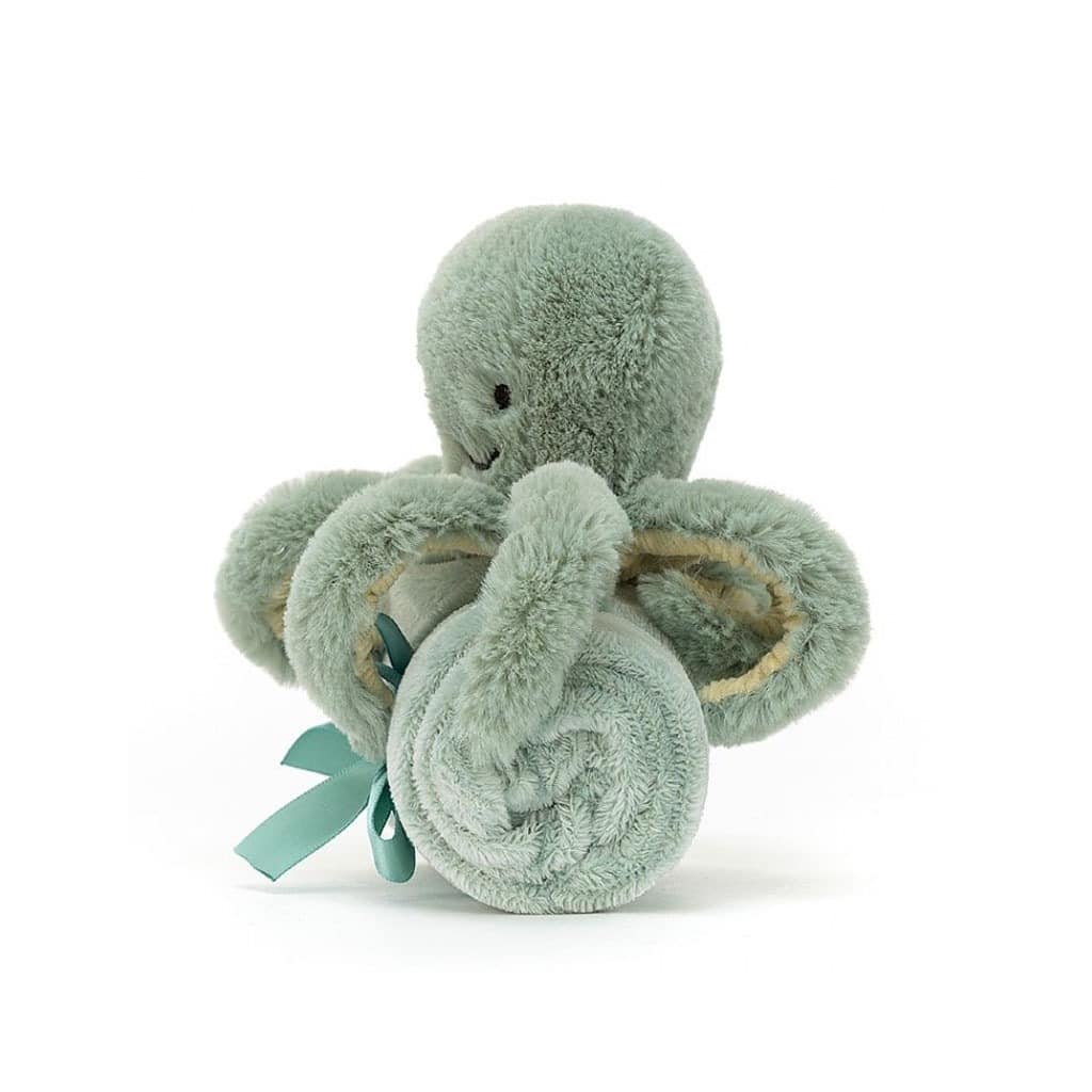 doudou plat pieuvre, vue de côté couverture pliée, sur fond blanc