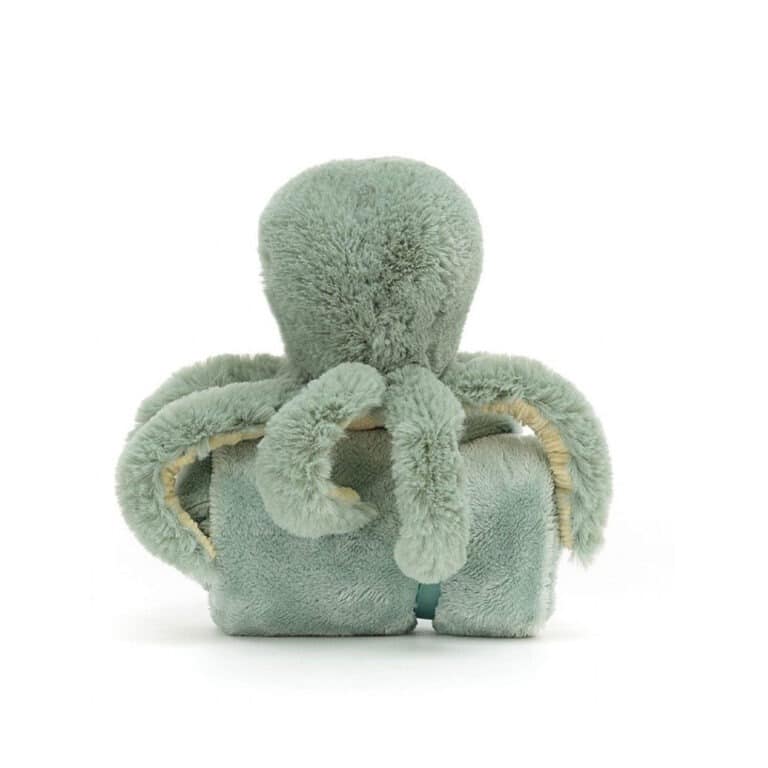 doudou plat pieuvre, vue de derrière couverture pliée, sur fond blanc