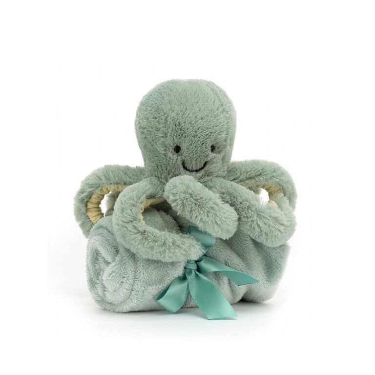 doudou plat pieuvre, vue de face couverture pliée, sur fond blanc