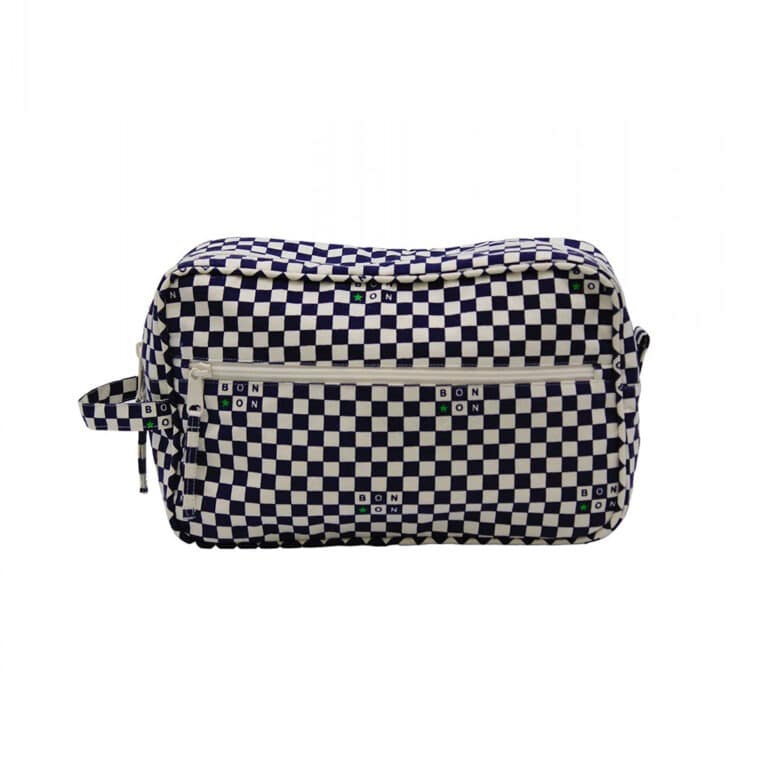 Trousse de toilette bonton damier bleu sur fond blanc