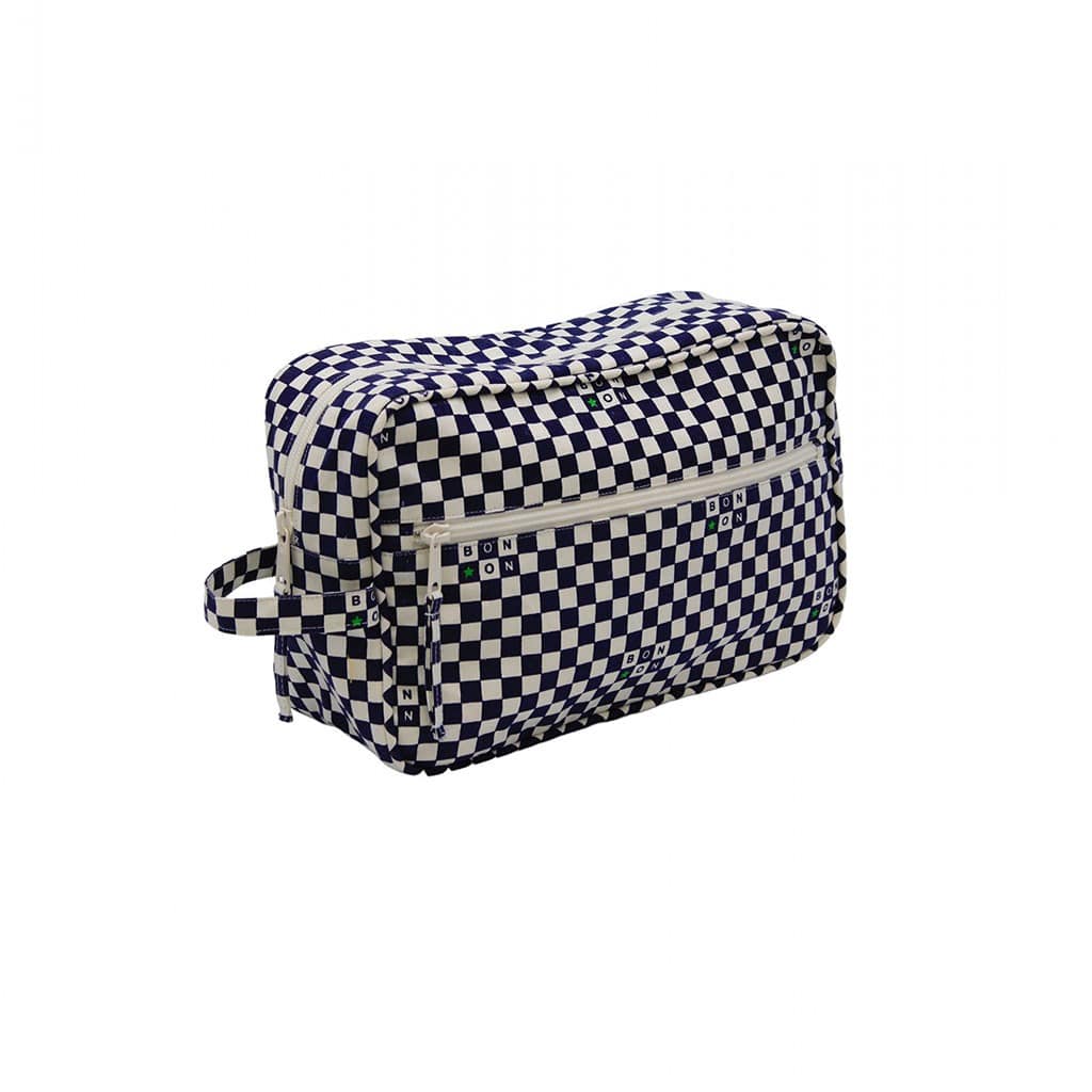 Trousse de toilette bonton damier bleu sur fond blanc