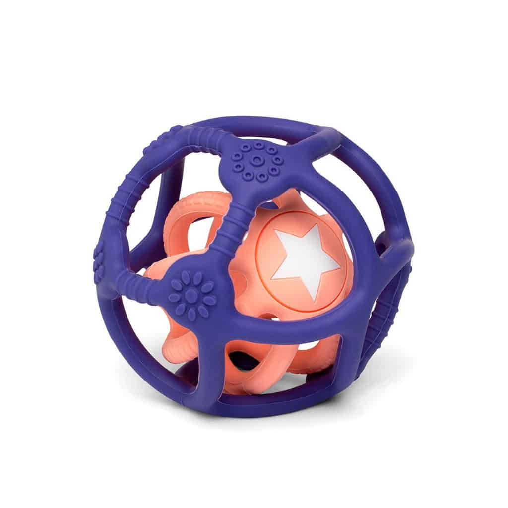 balles dentition silicone rose et violet, vue de face sur fond blanc