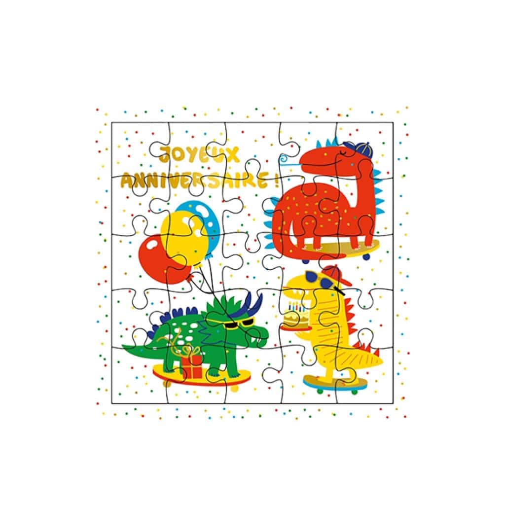 Carte puzzle joyeux anniversaire dinos rigolos