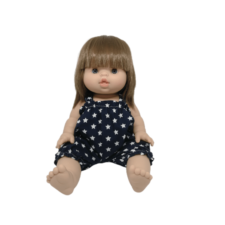 barboteuse littlemarmaille bleue motif étoiles porté par poupée sur fond blanc