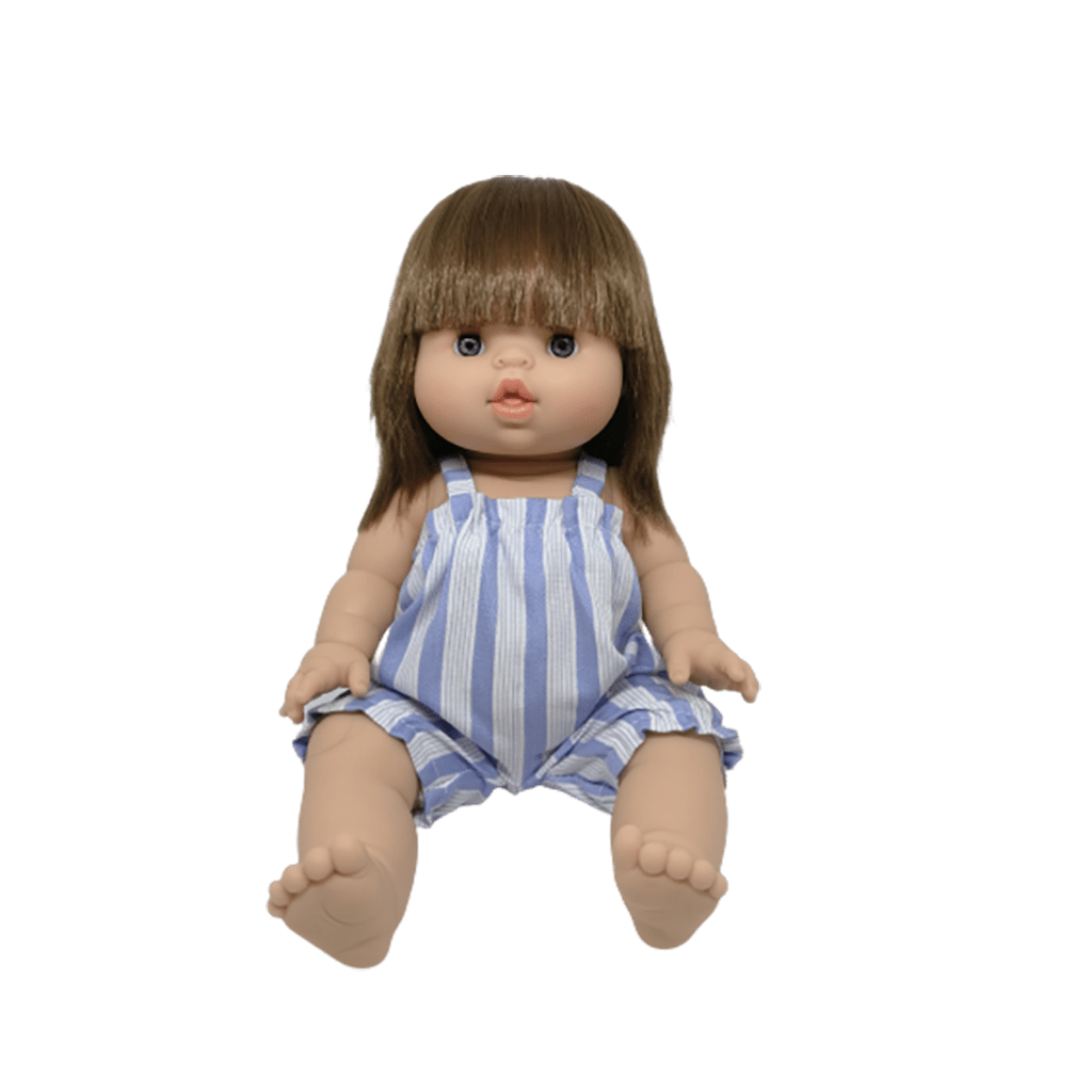 barboteuse bleue à rayures littlemarmaille porté par poupée sur fond blanc