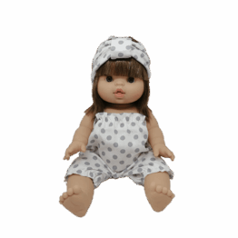 barboteuse à pois gris et son bandeau littlemarmaille porté sur poupée sur fond blanc