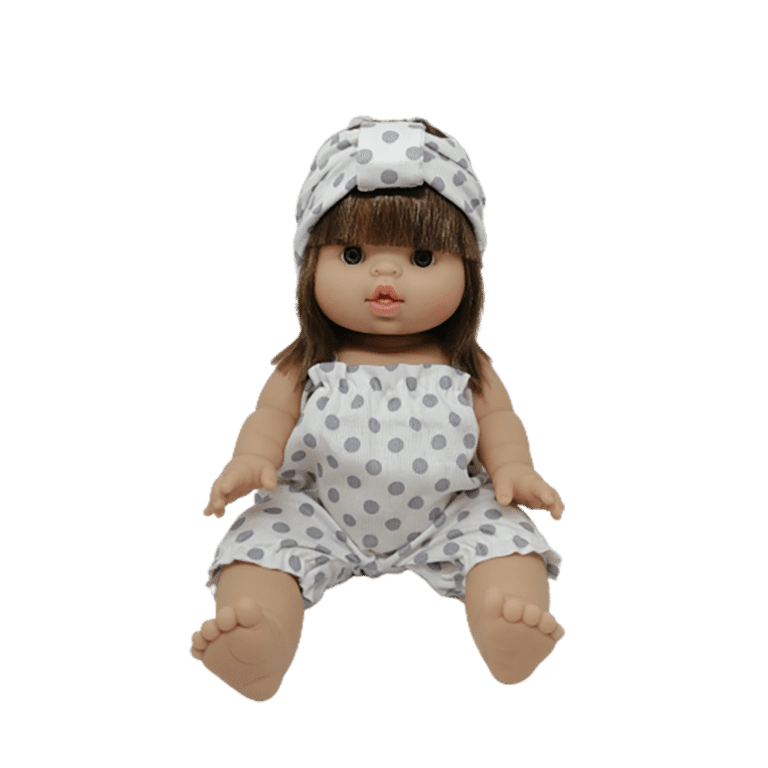 barboteuse à pois gris et son bandeau littlemarmaille porté sur poupée sur fond blanc