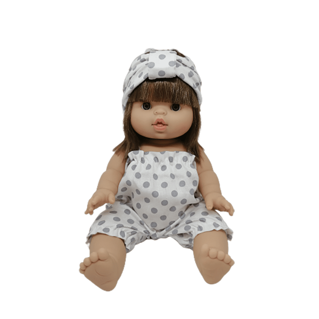 barboteuse à pois gris et son bandeau littlemarmaille porté sur poupée sur fond blanc