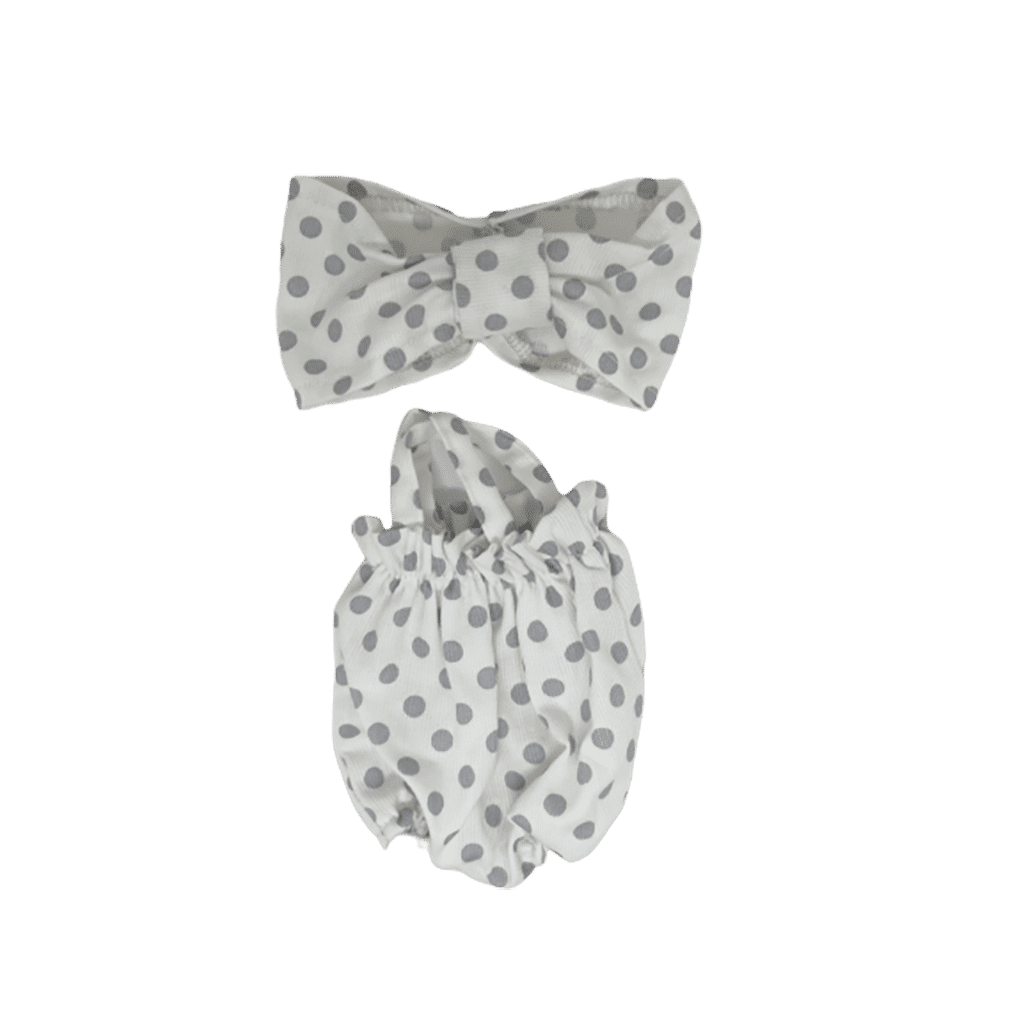 barboteuse à pois gris et son bandeau littlemarmaille sur fond blanc