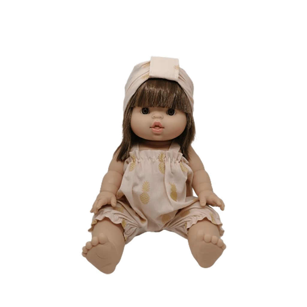 barboteuse rose ananas et son bandeau littlemarmaille porté par poupée sur fond blanc