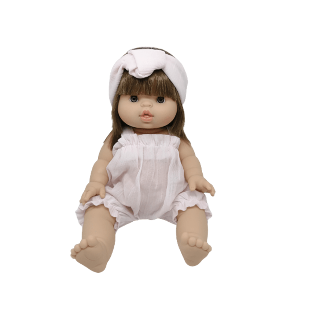 barboteuse rose et bandeau littlemarmaille porté par poupée sur fond blanc