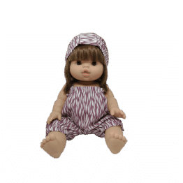 barboteuse violette et son bandeau littlemarmaille porté par poupée sur fond blanc