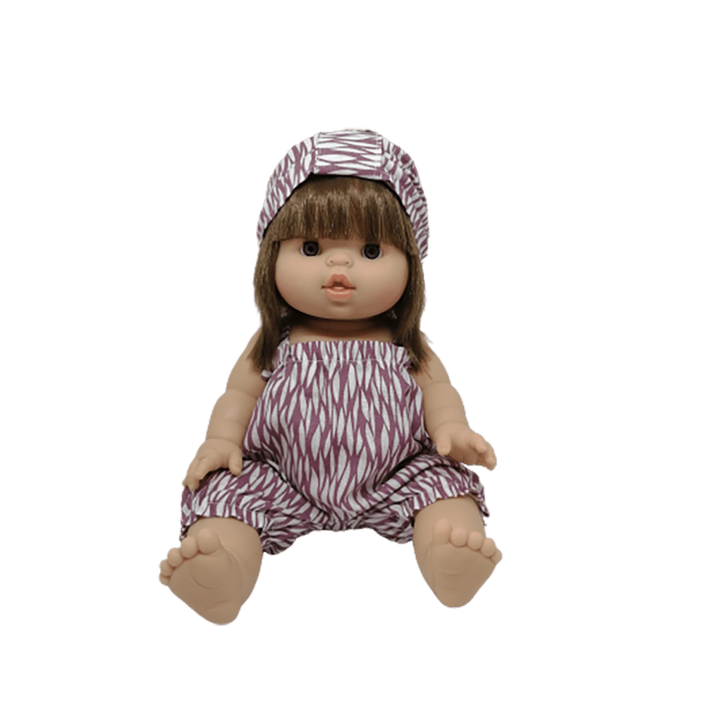 barboteuse violette et son bandeau littlemarmaille porté par poupée sur fond blanc