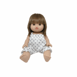 barboteuse blanche a pois gris porté par poupée sur fond blanc