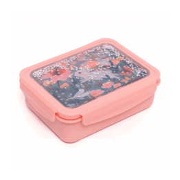 une boîte à repas lapin avec un couvercle à paillettes. Il y a trois compartiments amovibles. Vue de face sur fond blanc