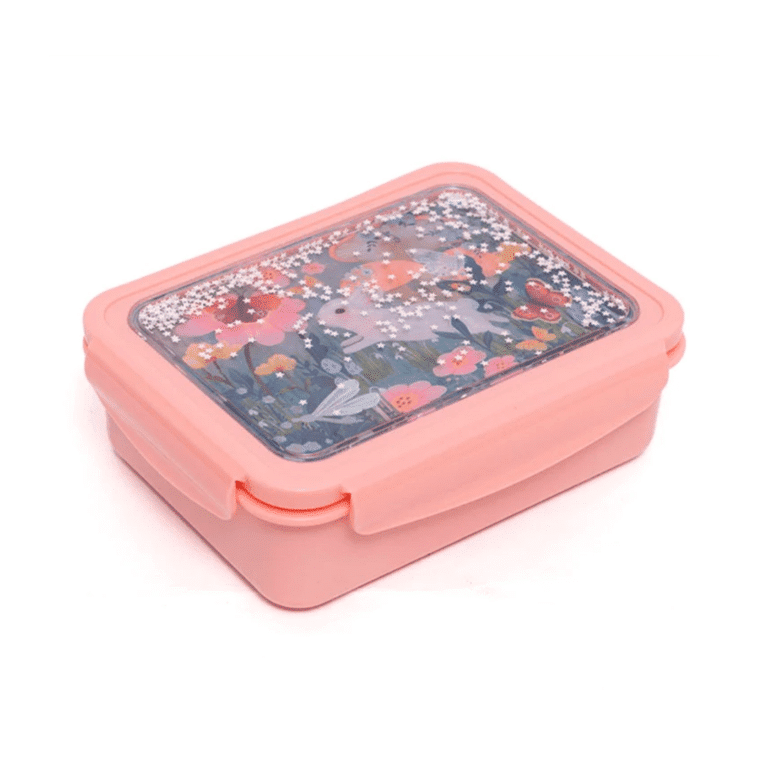 une boîte à repas lapin avec un couvercle à paillettes. Il y a trois compartiments amovibles. Vue de face sur fond blanc